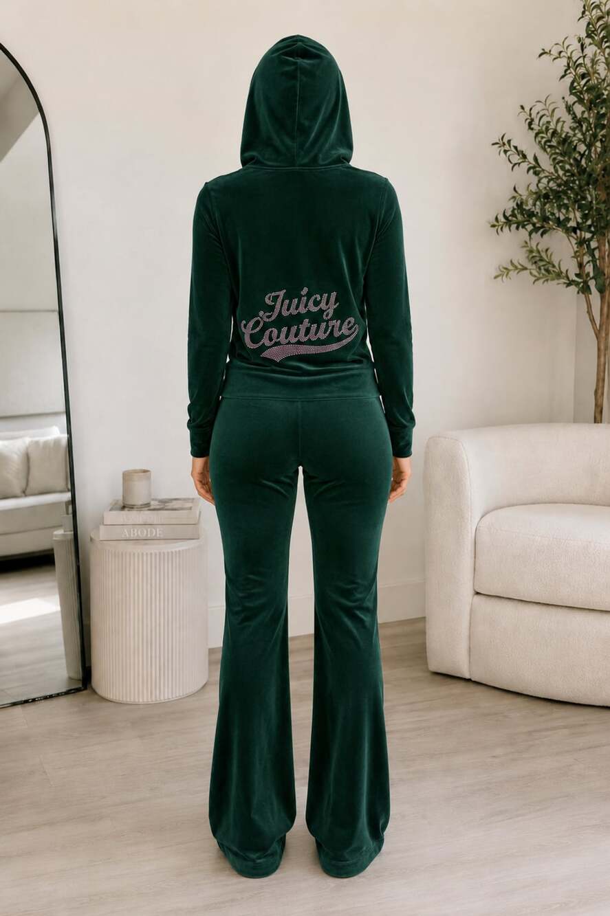 L Juicy Couture Green Velvet Rhinestone Zip Hoodie and Flare Tracksuit Set